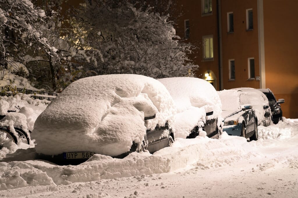 snow, street, cars