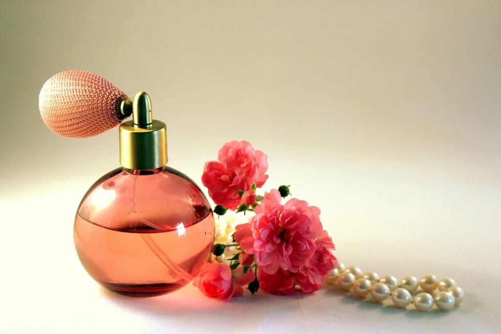 bottle, perfume, roses
